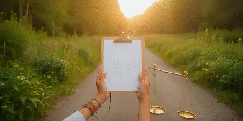 Imagem representando o que é perícia social: um caminho iluminado pelo sol, com uma pessoa segurando uma prancheta voltada para a estrada, simbolizando o trabalho do assistente social na produção de laudos sociais, ética profissional e atuação na justiça. Uma balança dourada representa a equidade e os princípios do Serviço Social.