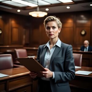 Assistente Social segurando uma prancheta num tribunal apresentando o resultado da Perícia Social.